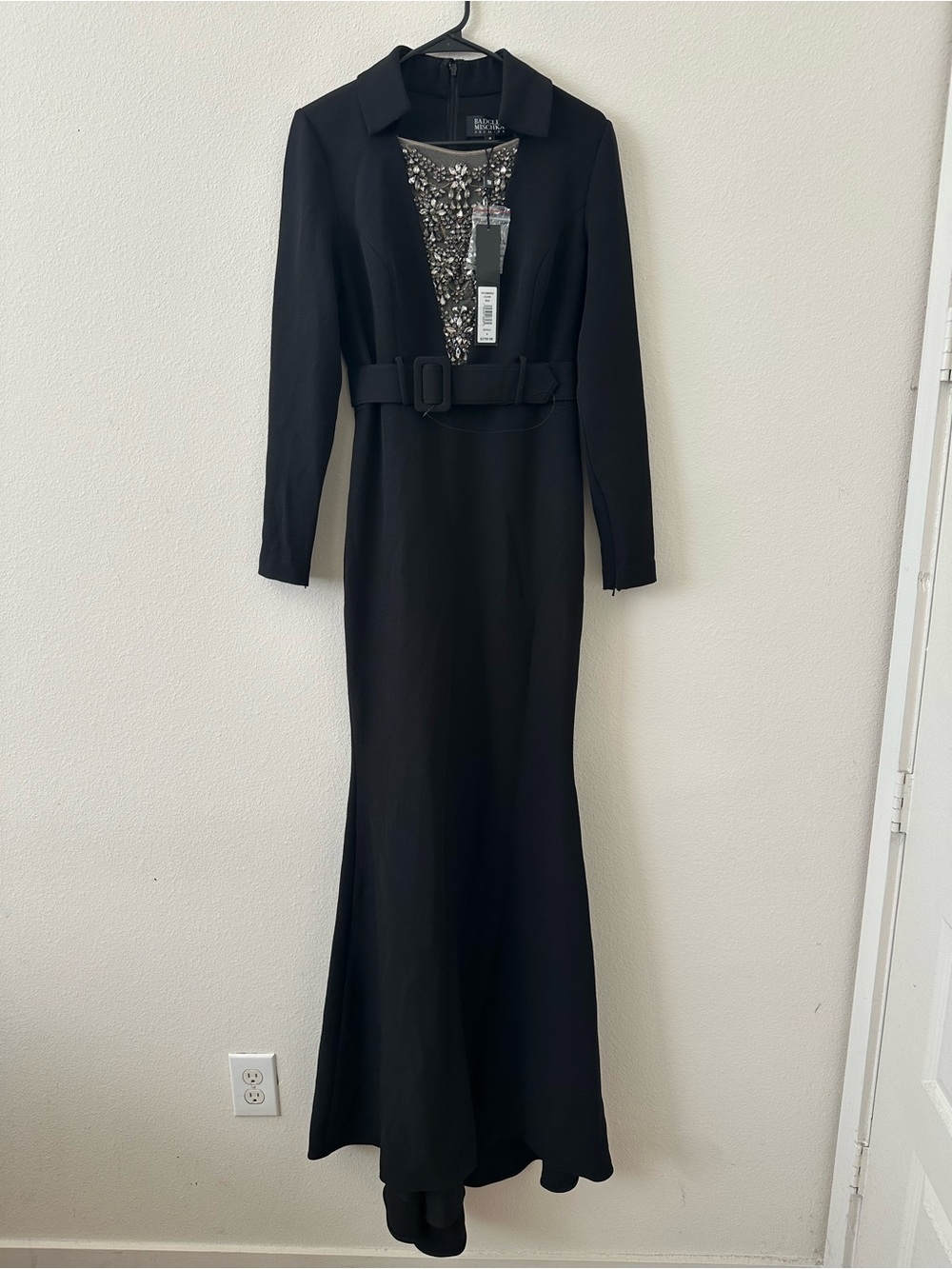 Badgley Mischka Black Long-Sleeve Embellished Gown with Belt